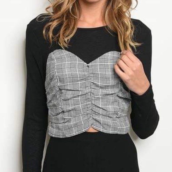 CORSET MIXED MEDIA PLAID CROP BLOUSE - Picture 2 of 3
